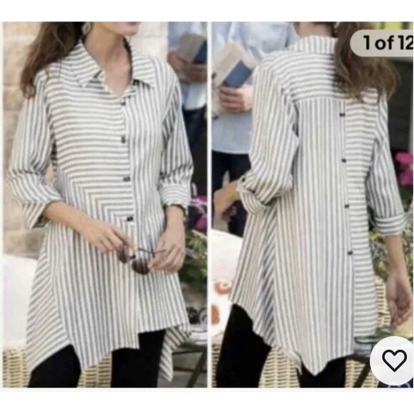 Soft Surroundings Asymmetrical Button Down Tunic Top Large Striped Laggenlook - Picture 12 of 12